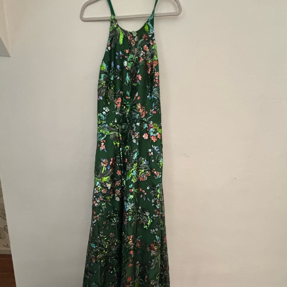 Elegant Floral A-Line halter Gown in Green sequin